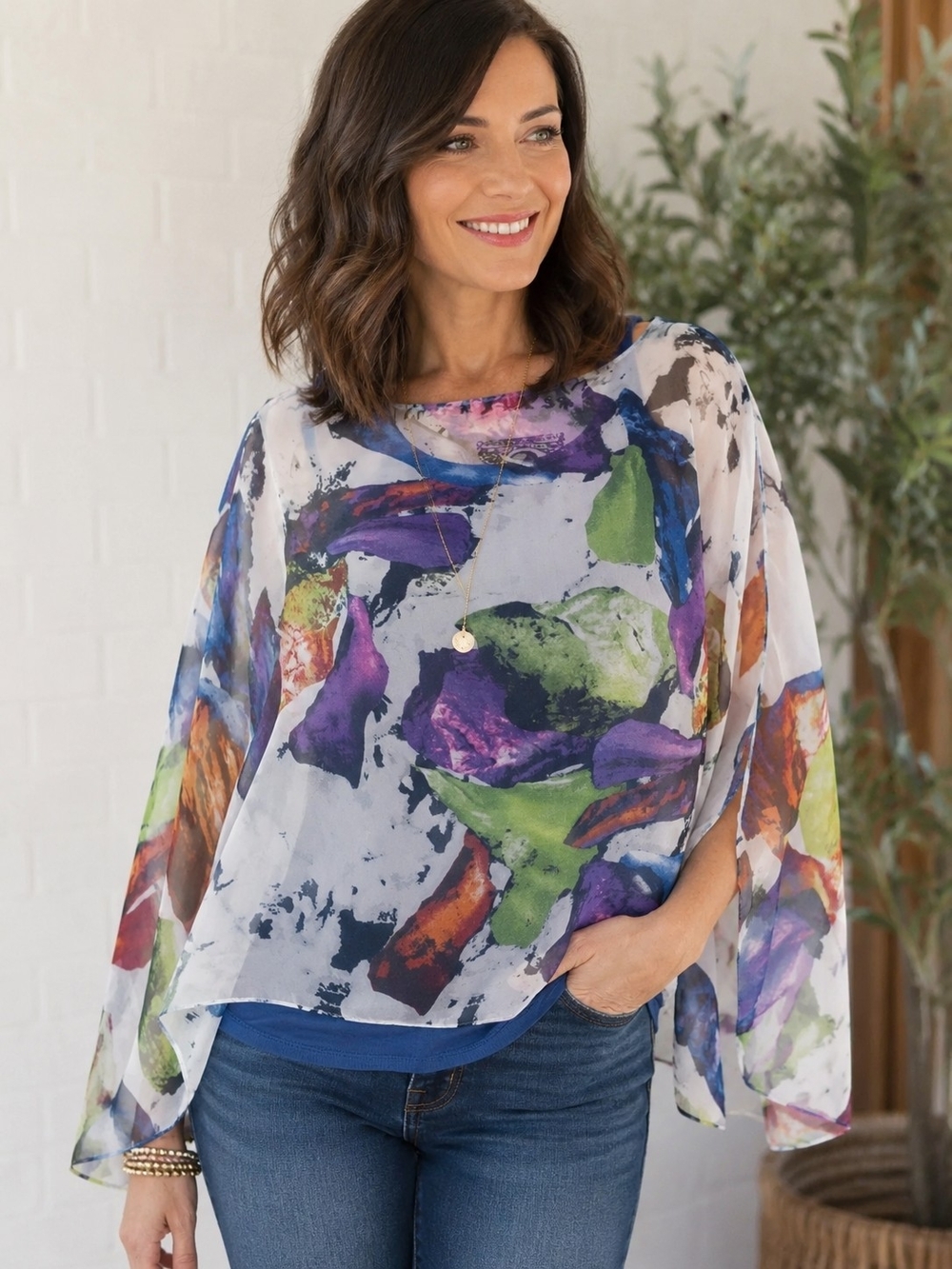 #1170 L.I.B. New York  Women's Blue Abstract Floral Chiffon Overlay
